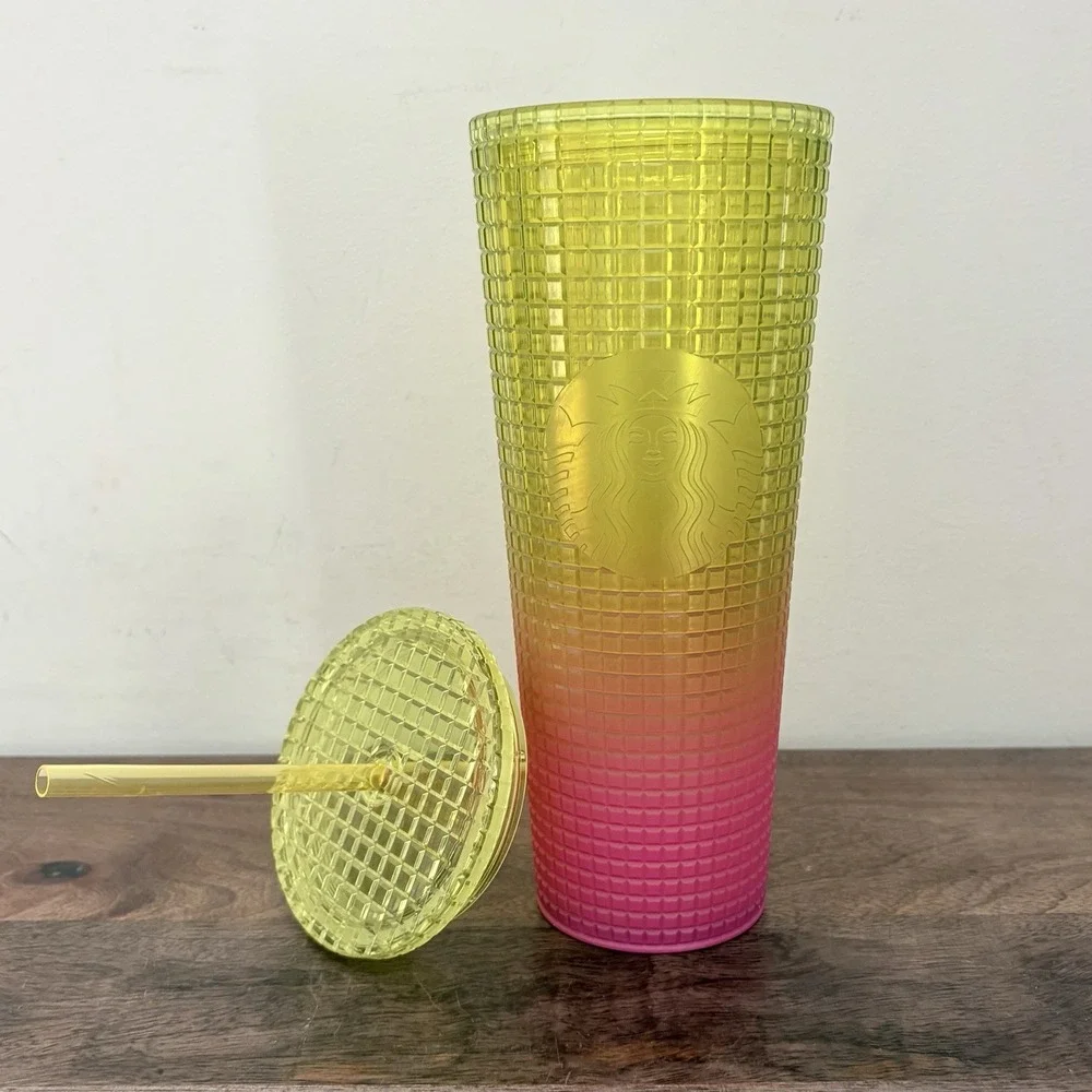 Starbucks Tumbler Cup Gradient Yellow Pink Textured Plastic Cold Cup Lid Venti